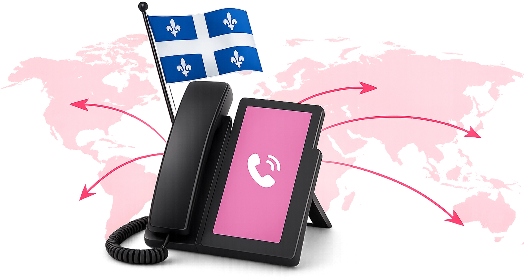 Amical phone with Quebec flag and world map, pink arrows pointing to several continents.