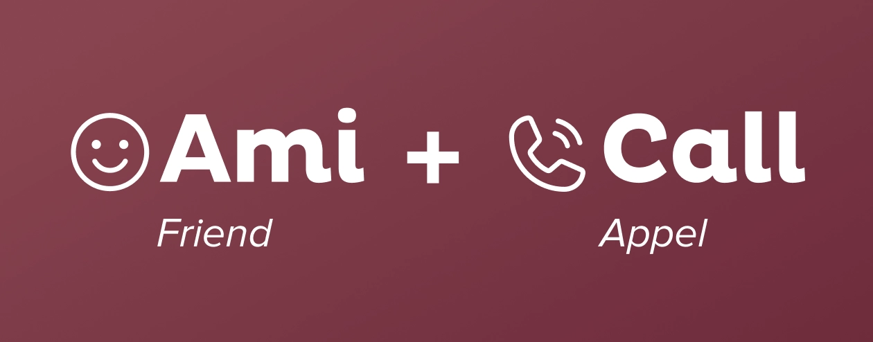Graphic showing the Amical name as Ami (friend) plus Call (appel)