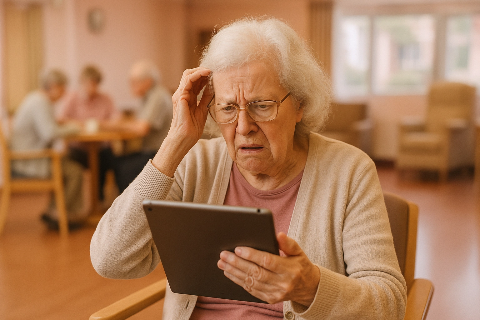 An elderly woman looking at a tablet with a confused expression