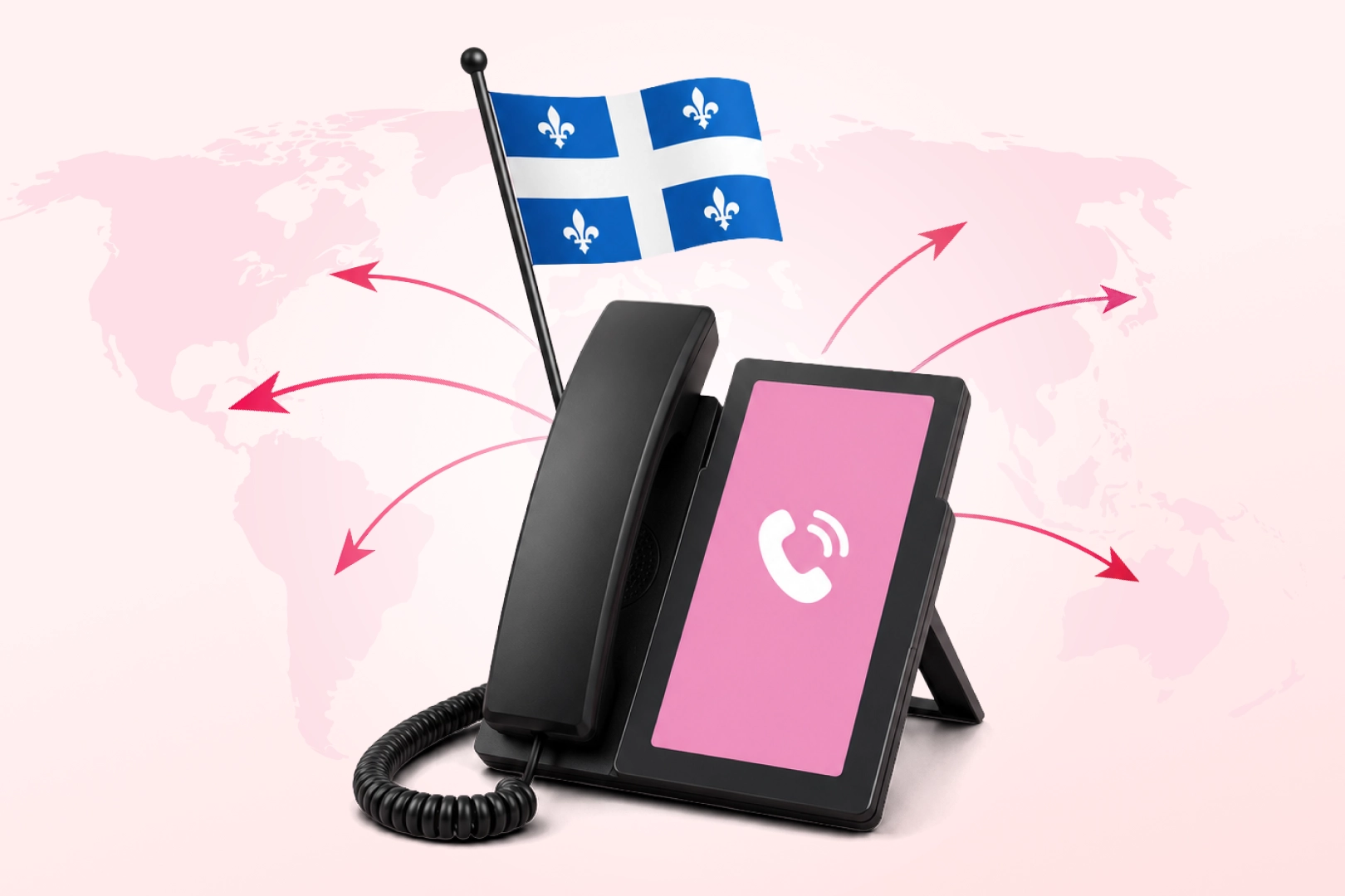 The Amical phone with the Quebec flag, with arrows pointing to a world map