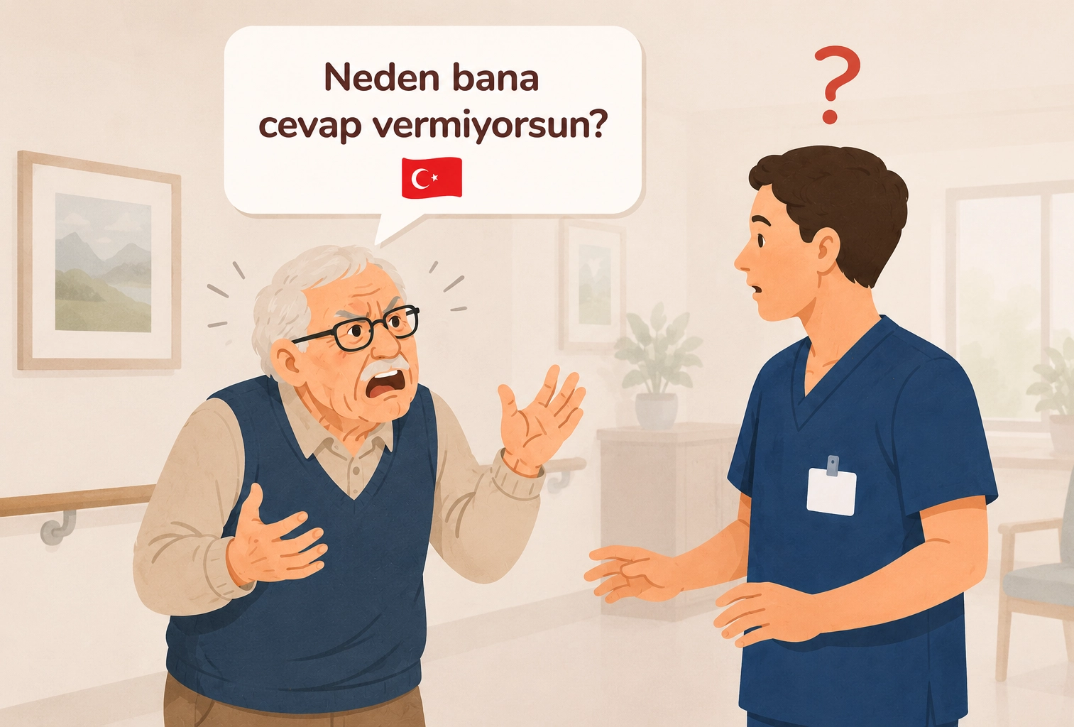 Illustration of a resident speaking Turkish to a care worker who does not understand