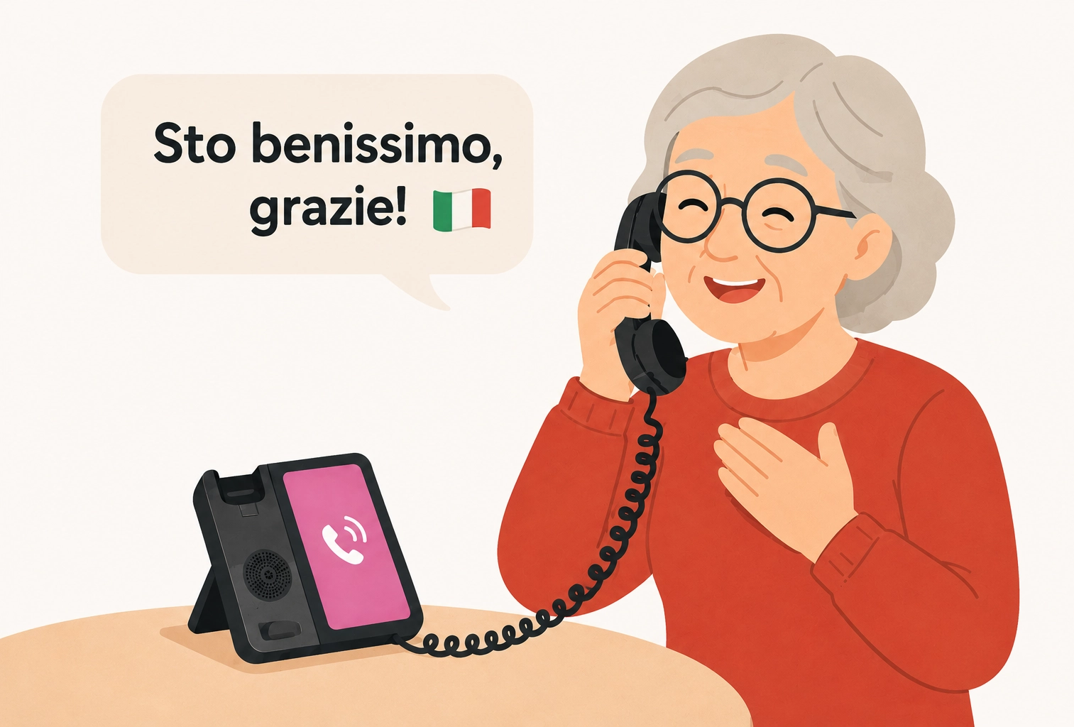 Illustration of a resident happily talking to the Amical phone in Italian