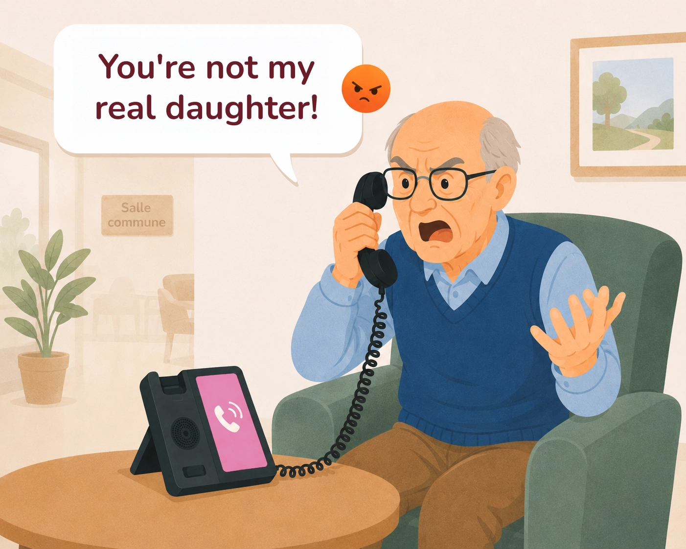 A man on the Amical phone realizes with distress that the voice is not his daughter's: "You're not my real daughter!"