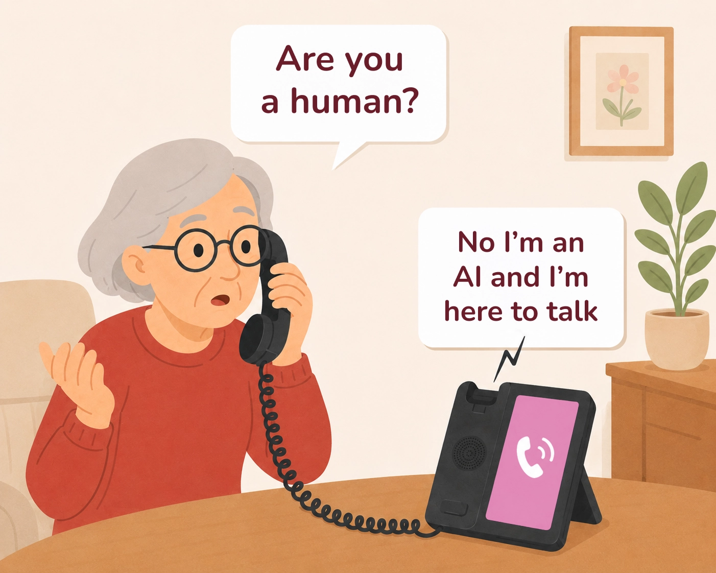 A woman asks the Amical phone "Are you a human?" and the companion answers that it is an AI there to talk