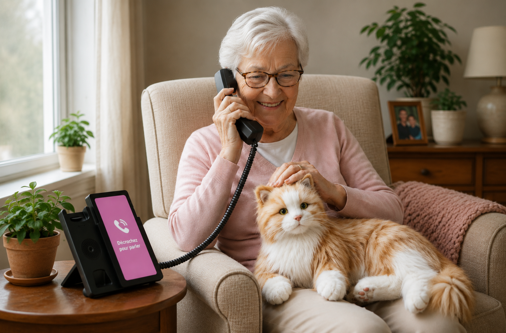A grandmother speaking on the Amical phone while petting her cat