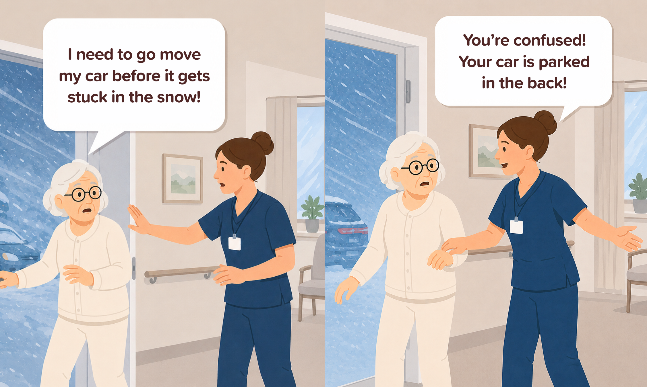 Illustration of the anecdote: a resident who wants to go outside in the middle of winter, gently accompanied by a care aide