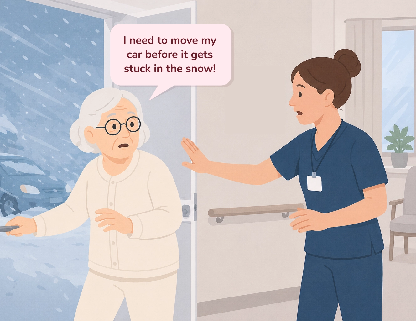 Illustration of a worried resident at an open door during a snowstorm, with a caregiver intervening gently, empathic redirection before de-escalation.