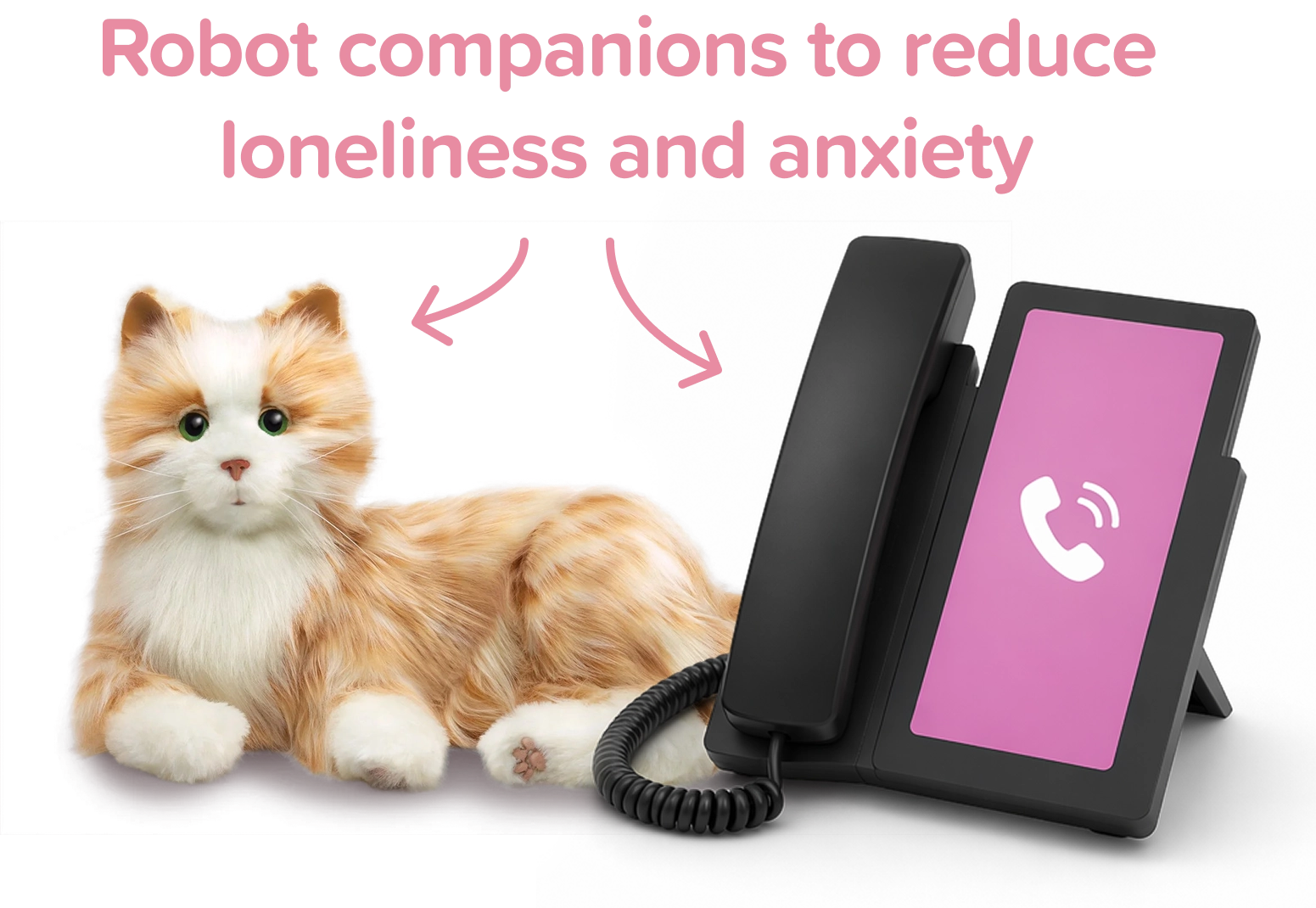 Graphic « Robot companions to reduce loneliness and anxiety »: Joy For All cat and Amical desk phone on a dark background.