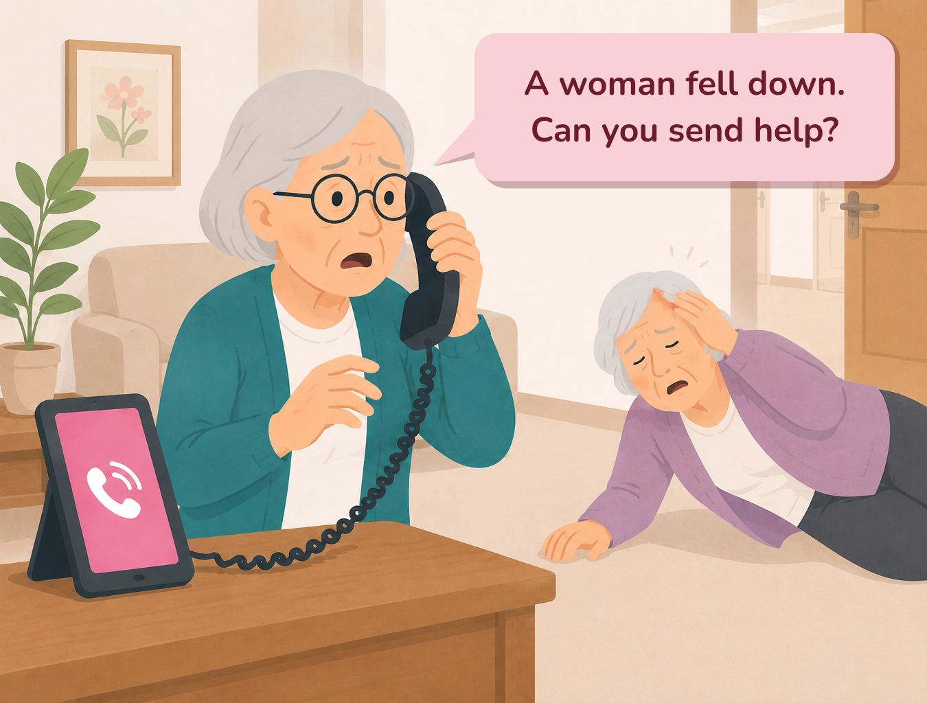Illustration of a resident calling for help on the Amical phone while another resident who fell lies nearby.
