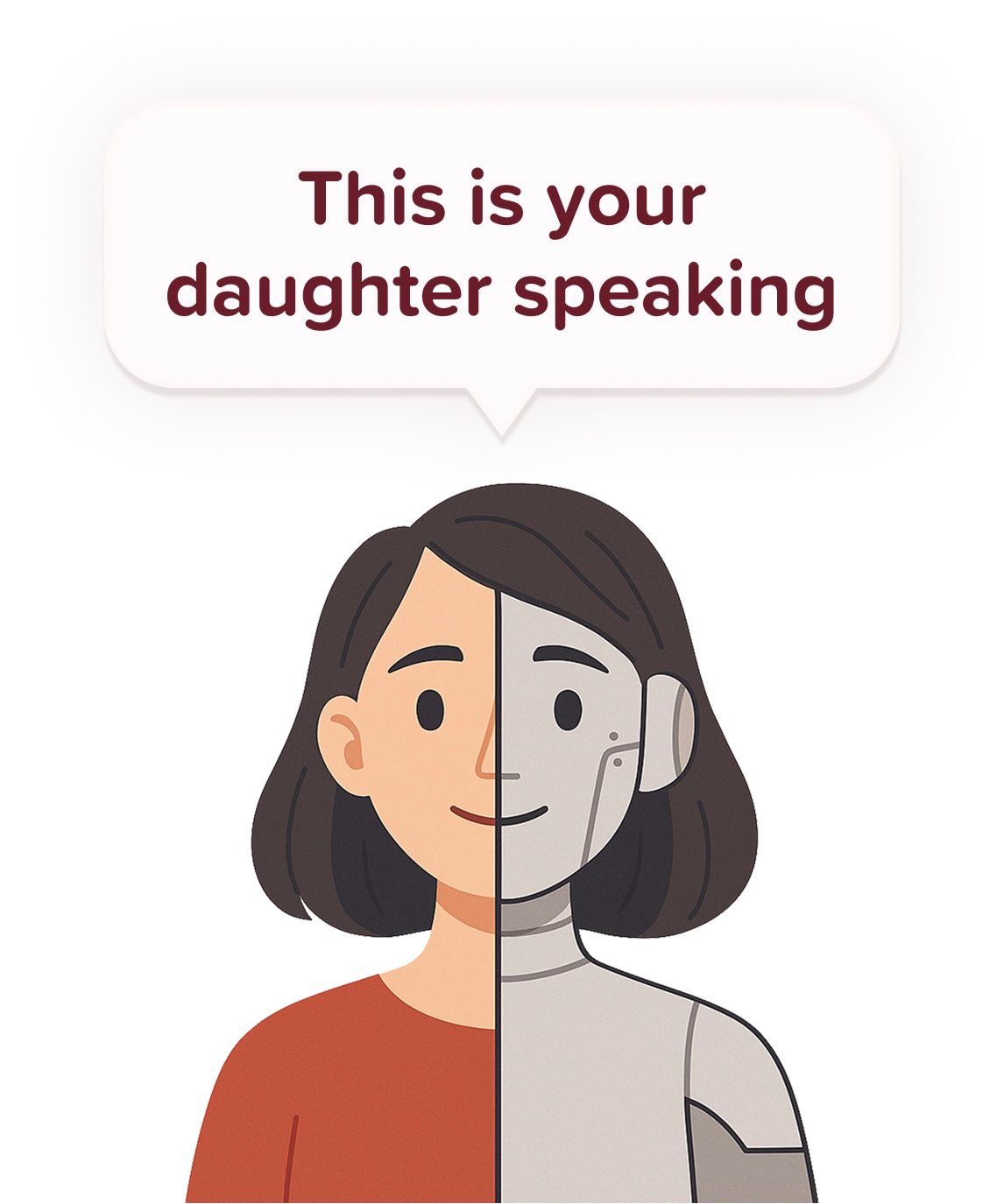Illustration of a half-human half-robot figure with a speech bubble, evoking voice cloning.