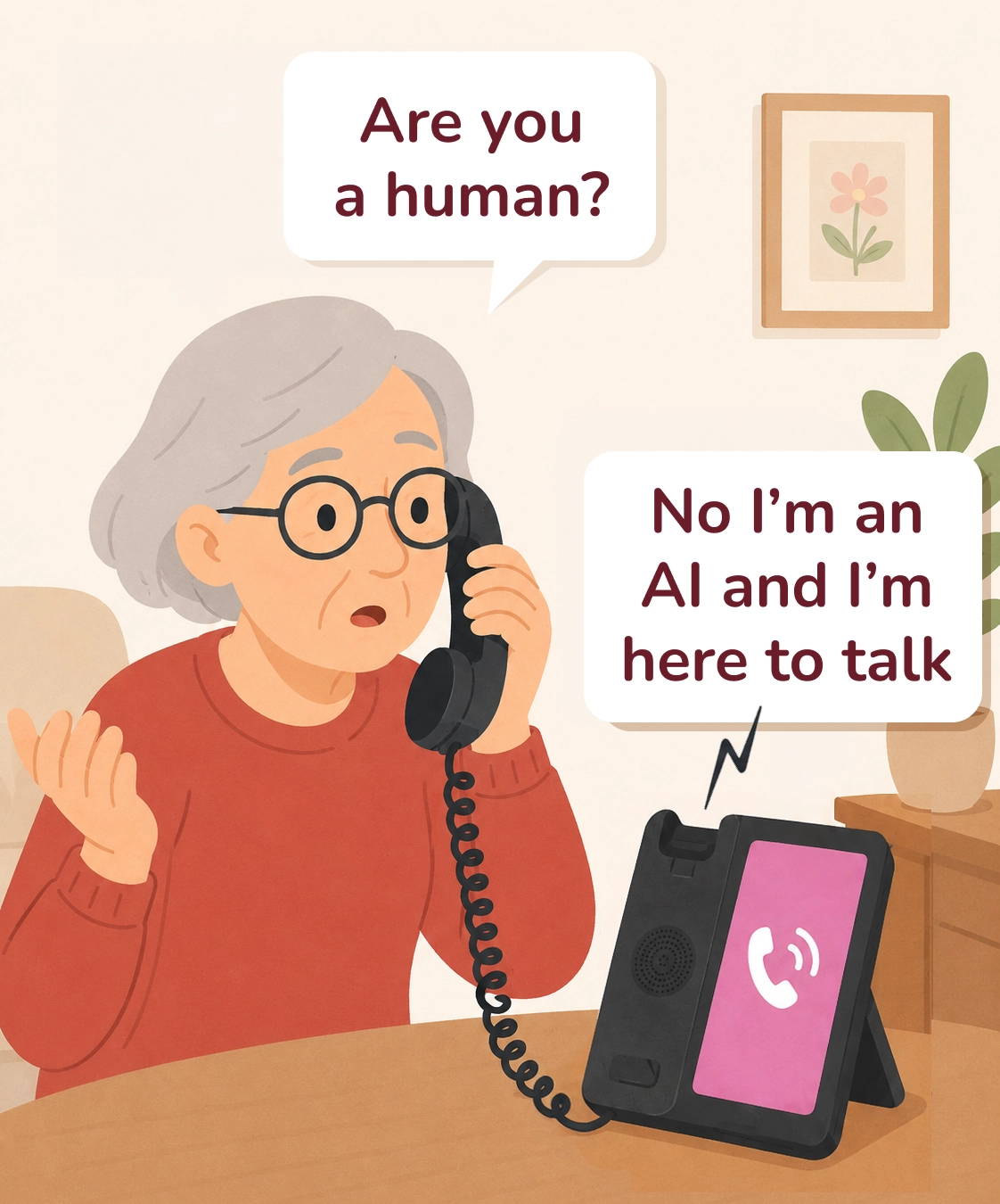 Illustration of a resident on the phone asking whether the speaker is human; the device answers that it is an AI, transparency about identity.