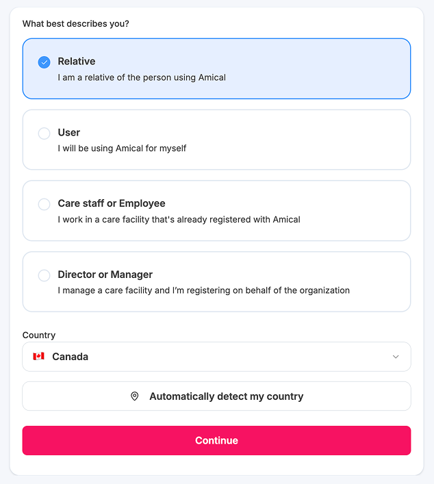 First step of the account creation flow