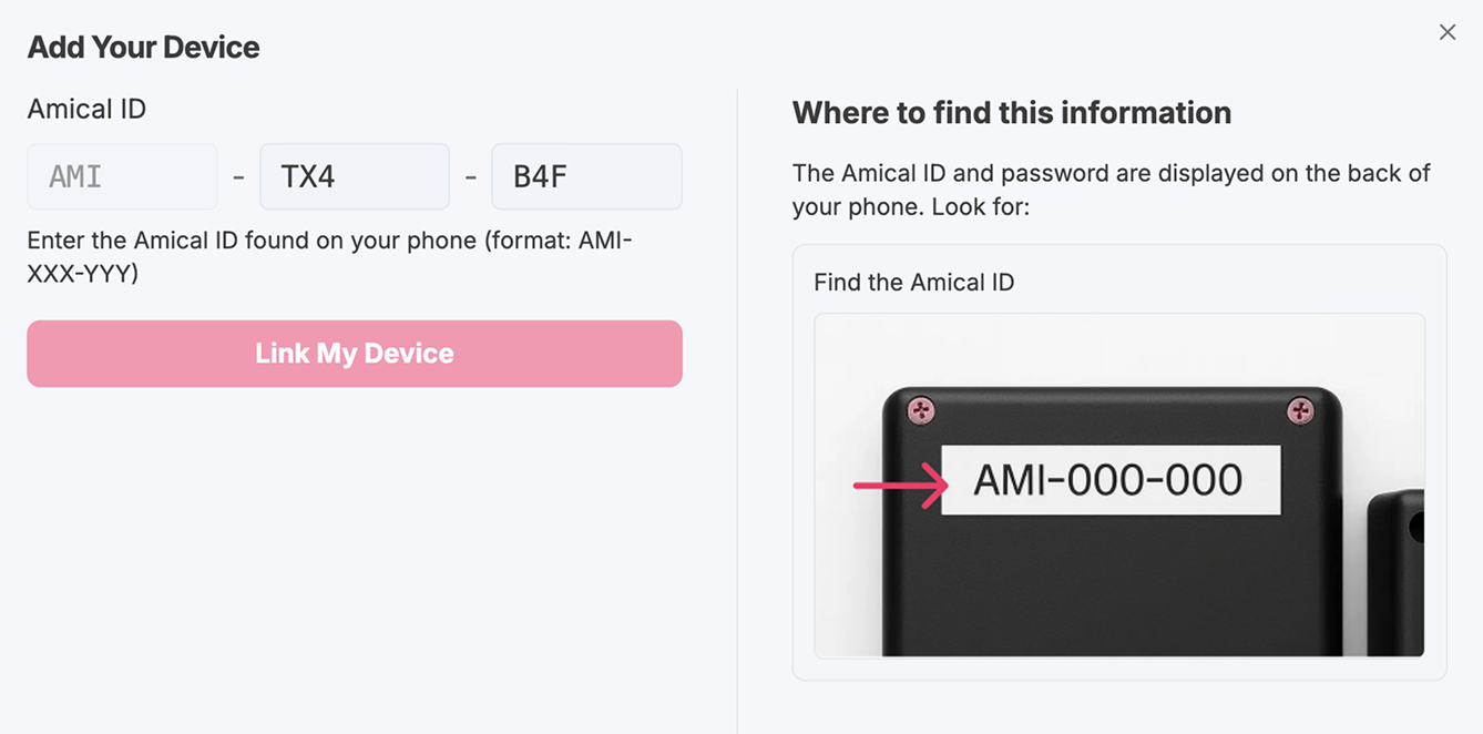 Add-a-device dialog asking for the AMI code from the back of the phone