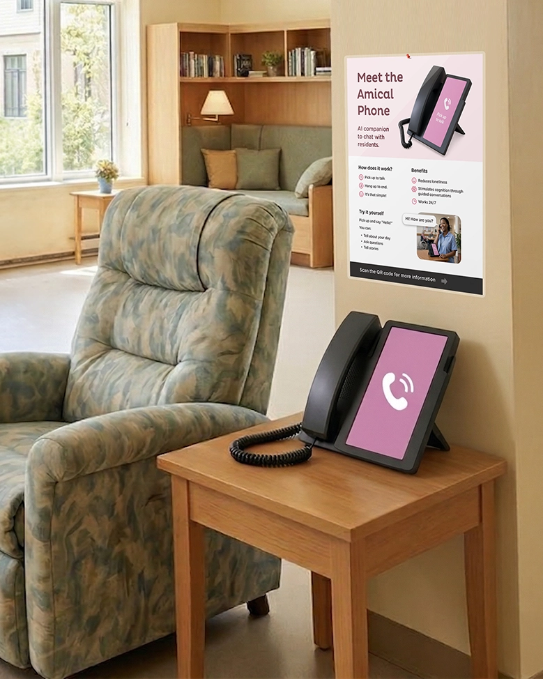 Example of an Amical poster hung on the wall directly above the phone in a common area
