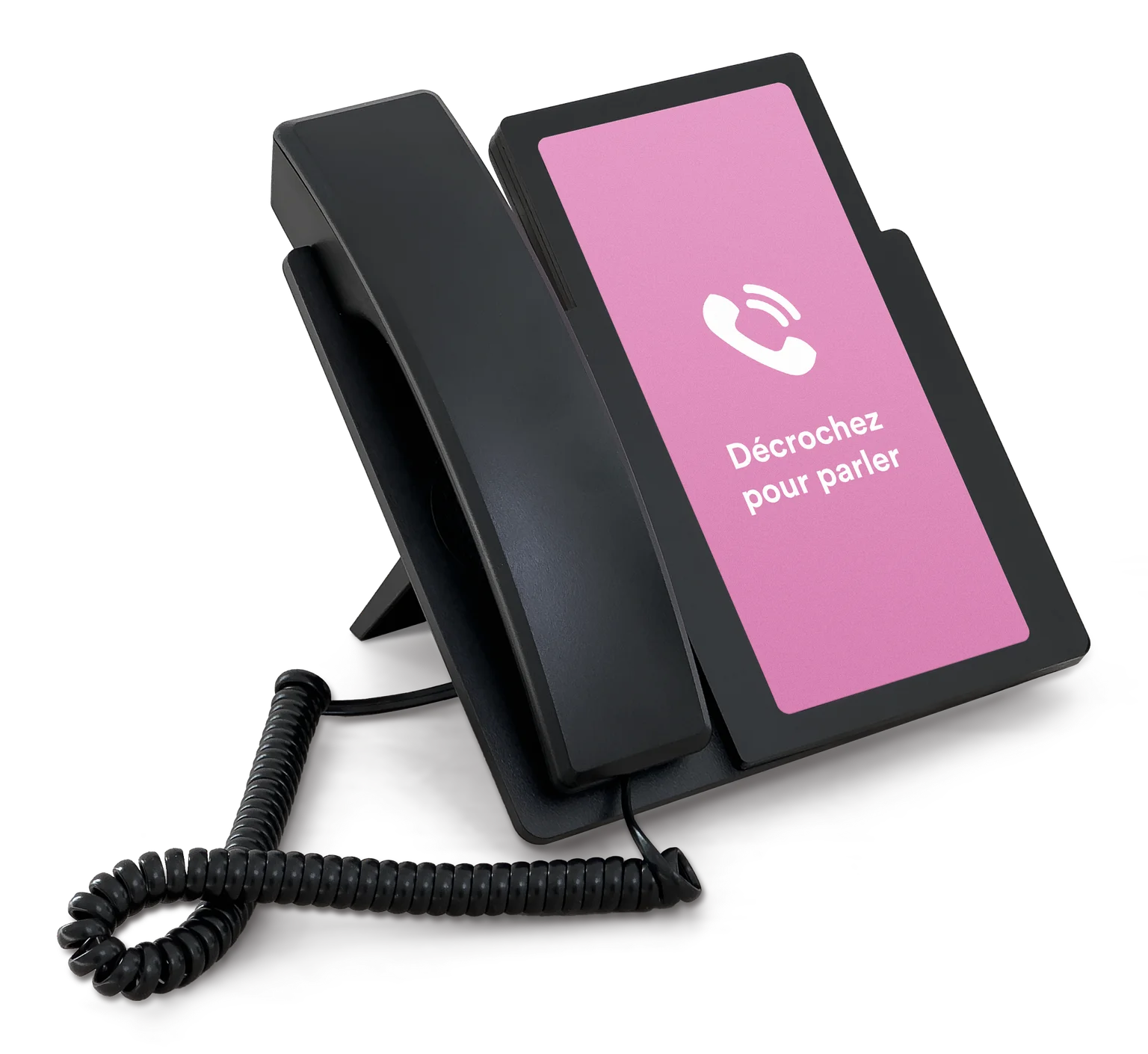 Amical phone with pink screen showing Pick up to talk