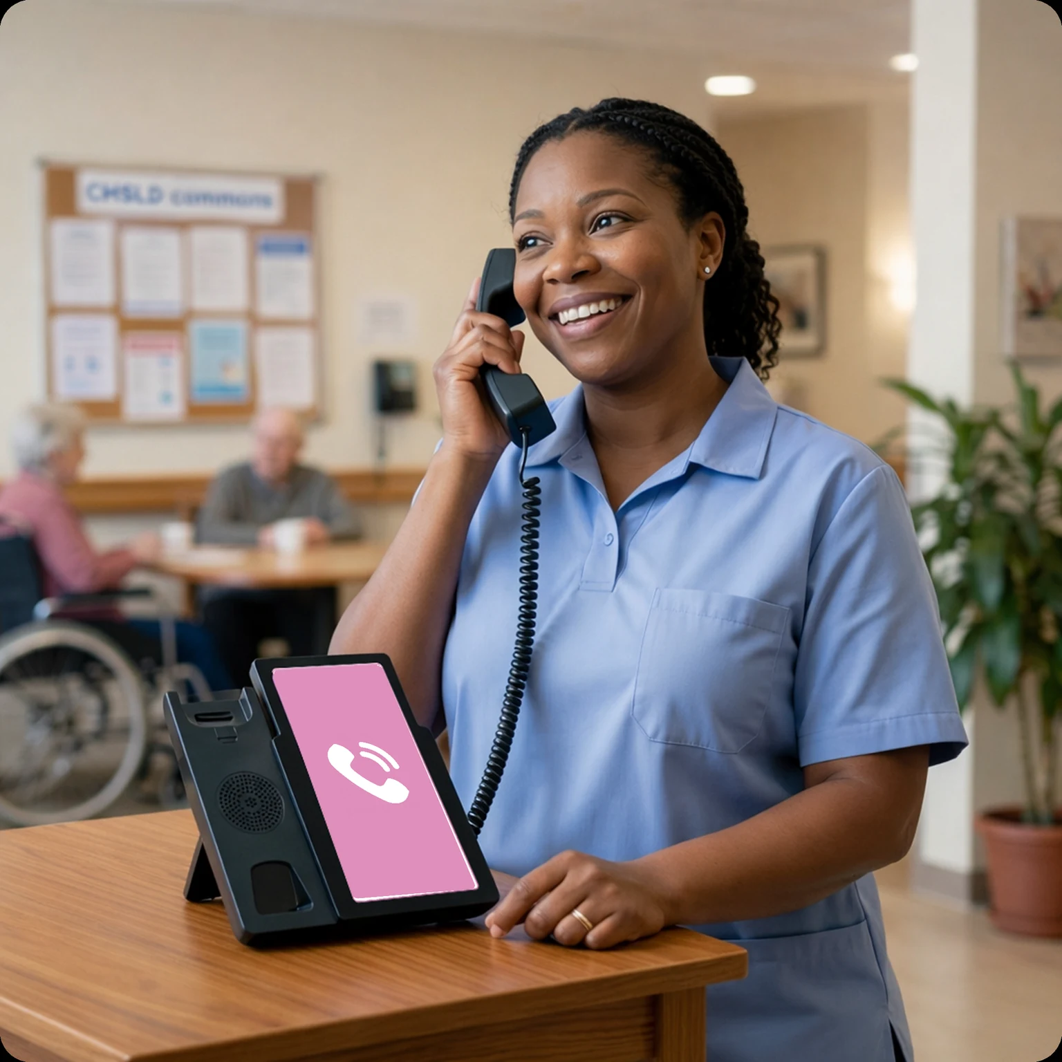 A staff member tries the Amical phone in a residence