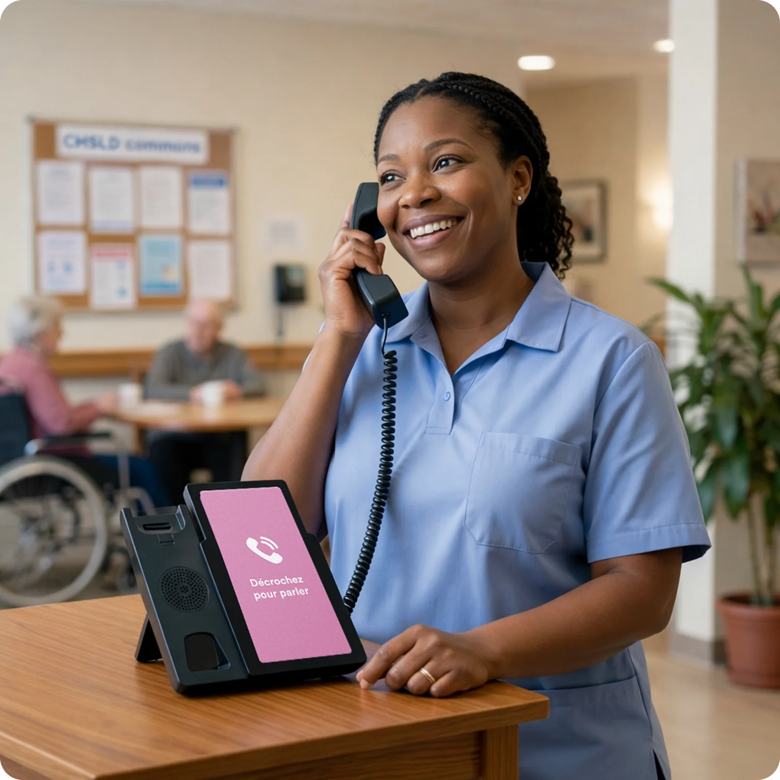 A staff member tries the Amical phone in a residence