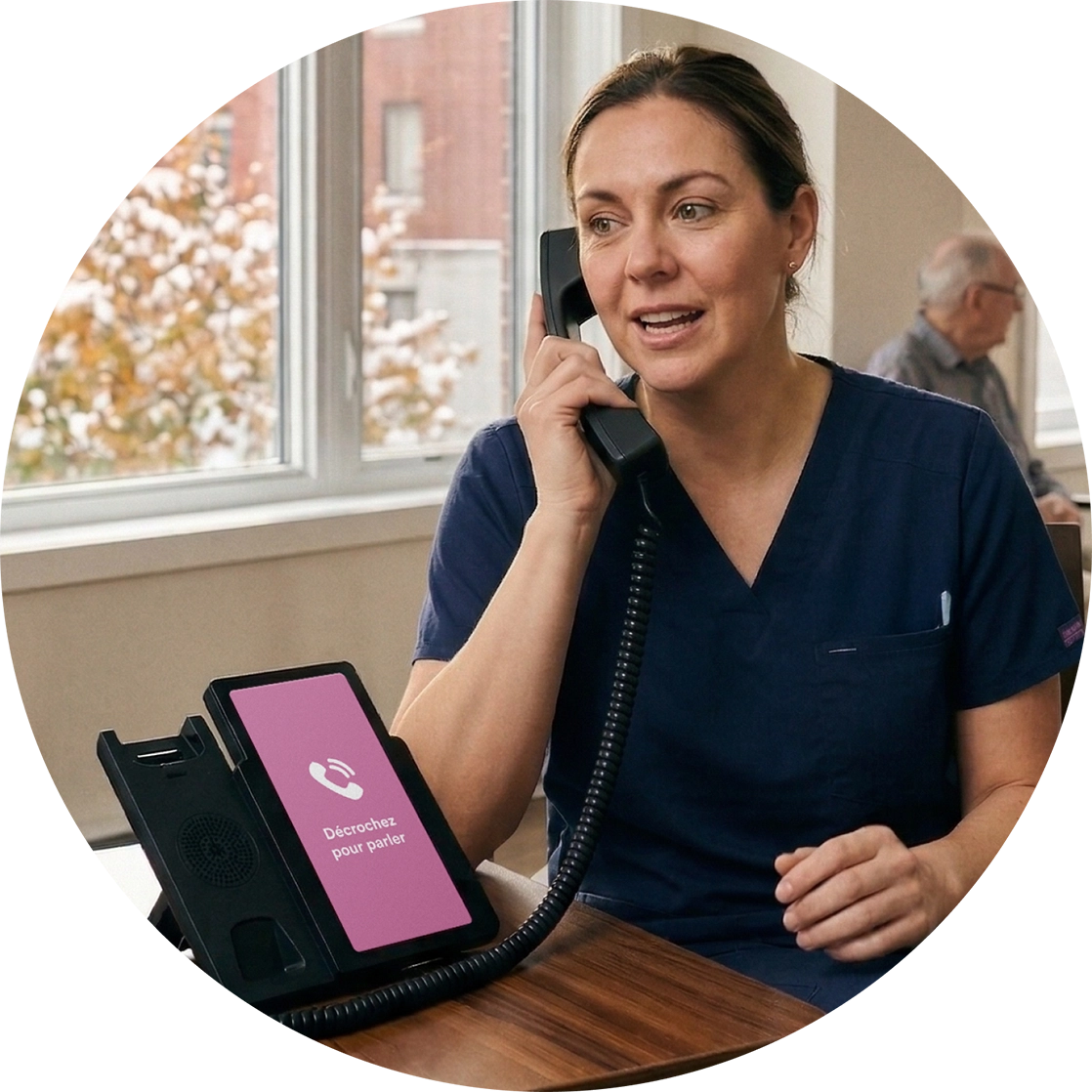 A staff member illustrates example conversation topics on the phone