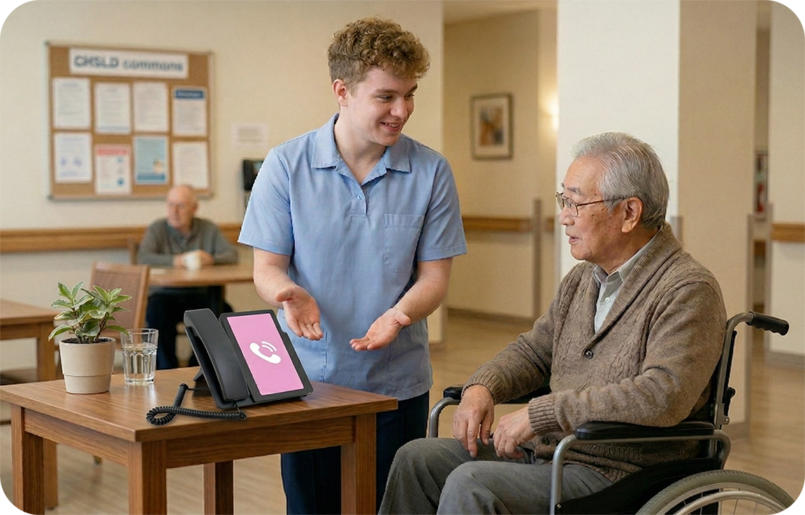 A staff member walks with a resident to the Amical phone