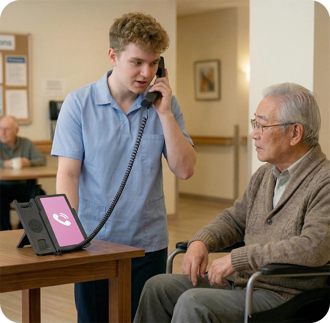 Staff give instructions to the AI companion before passing the handset