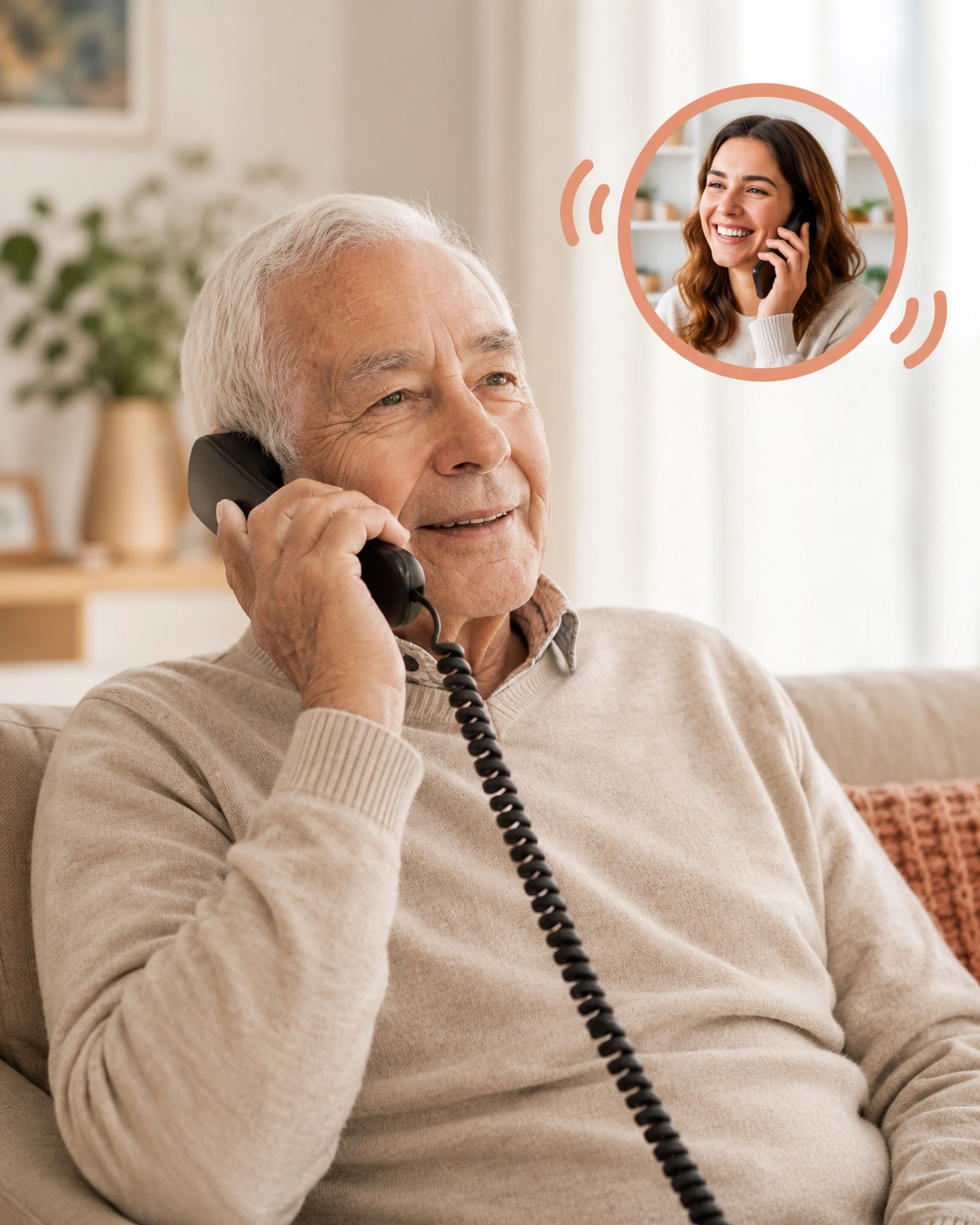 An older adult on a landline phone on a call with a family member on a smartphone