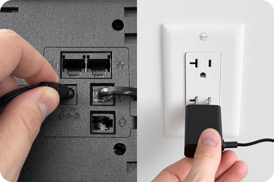 Power cable plugged into the back of the phone and into the wall outlet