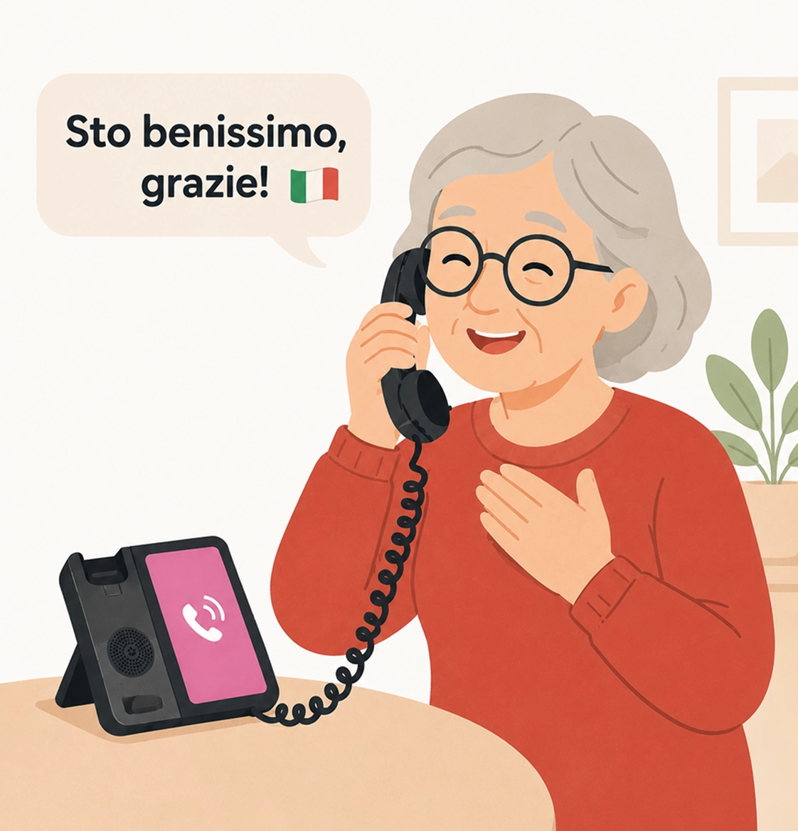 Illustration of a resident speaking on the Amical phone in Italian, highlighting multi-language support